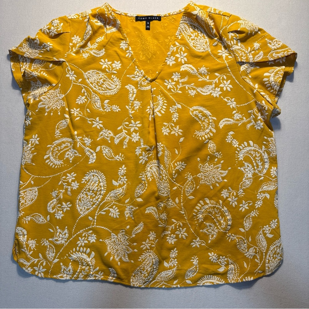 Como Black Mustard Yellow Floral Blouse Top Petal Sleeve Women’s Size XL ECU
